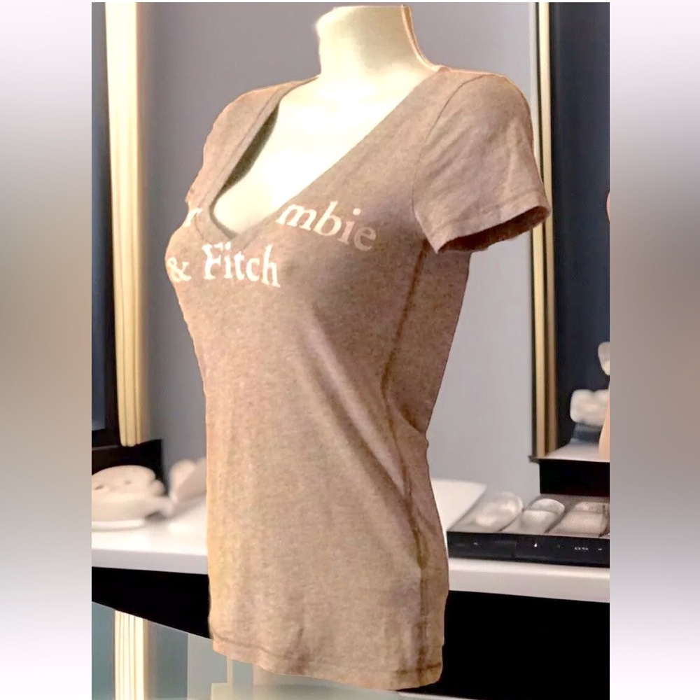 ➡️ABERCROMBIE & FITCH⬅️ PLUNGE V-NECK GRAPHIC LOGO FITTED T-SHIRT EUC🩶